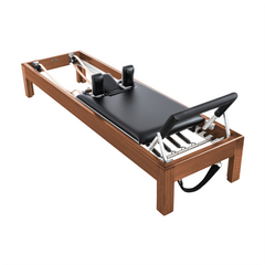 86" and 89" Teak Reformers featuring a complete set of accessories including reformer box, stainless steel pole, and ergonomic straps for diverse Pilates exercises.